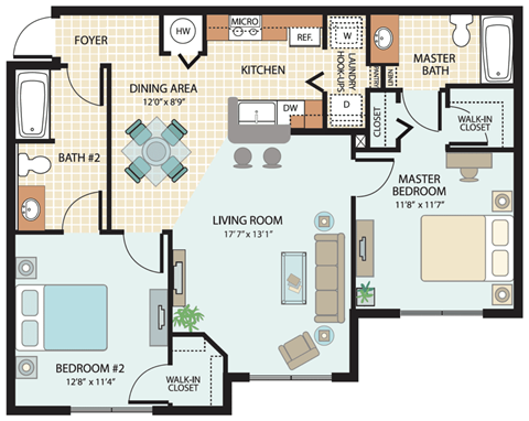 Floor plan for 2 beds, 2 baths, 974 sqft